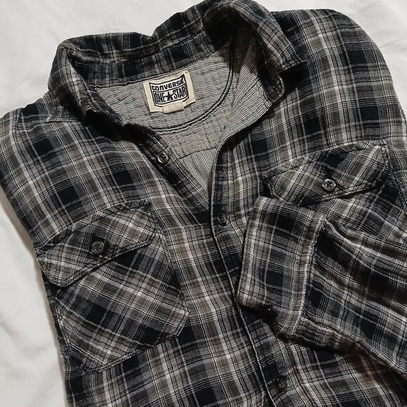 Converse ONE STAR  Men's Small double-layer Cotton Black Plaid Button-Up shirt - Picture 13 of 16